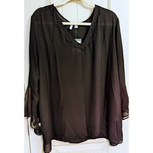 C Est.1946 Women's Black Flowy Blouse 3/4 Flutter Sleeve Top Size 22/24 NWT